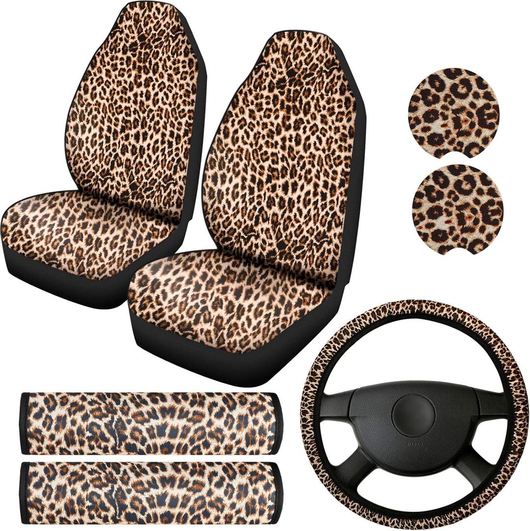 7-Piece Leopard Print Car Accessory Set - 2 Front Seat Covers, Steering Wheel Cover, 2 Cup Holders & 2 Shoulder Pads for Most Cars