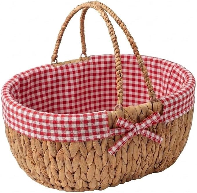 Large Picnic Basket with Handles, Handwoven Water Hyacinth with Removable and Washable Lining, Oval Basket for Camping, Outdoor, Gift, Home Decor, Red