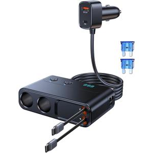 8 in 1 Retractable Cigarette Lighter Splitter, 191W Car Charger Adapter with 2 Sockets,12V Car Outlet with PD30W QC3.0 USB Charging Ports, LED Voltage Display TSNAM