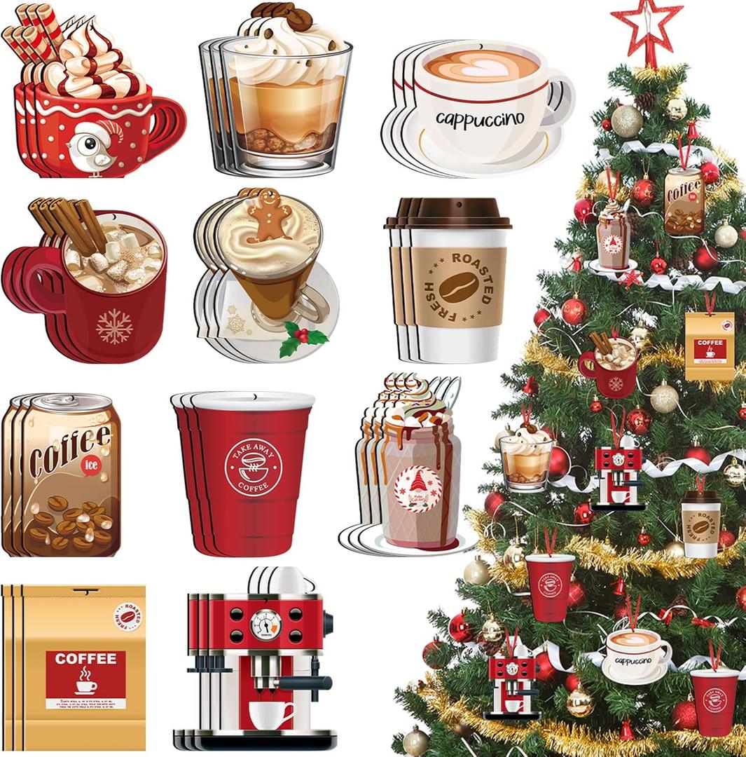 32 Piece Wooden Coffee Cup Christmas Tree Ornaments - Hanging Hot Cocoa & Tea Cup Decorative Ornaments for Holiday
