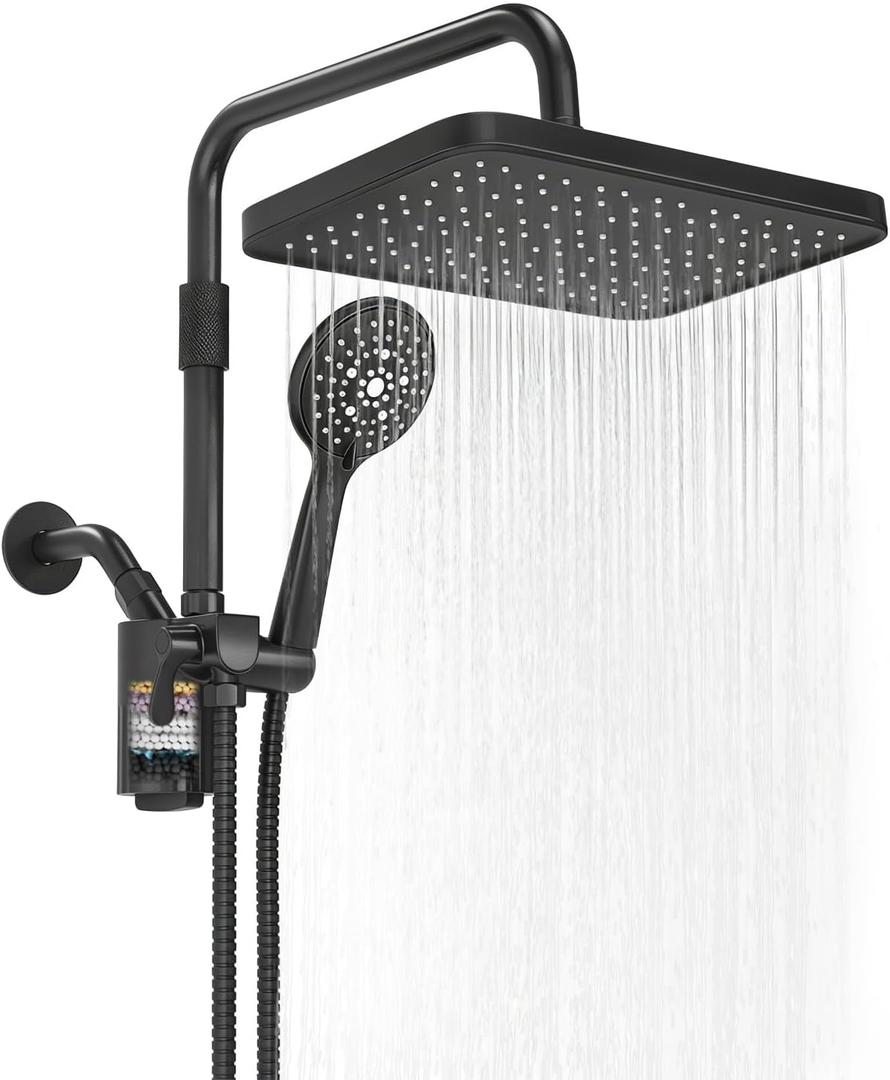 Filtered Shower Head with Handheld,12 Inch High Pressure Rain Shower Head with Adjustable Extension Arm,Dual shower filter head for hard water,Tool-Free DIY Kit,Black