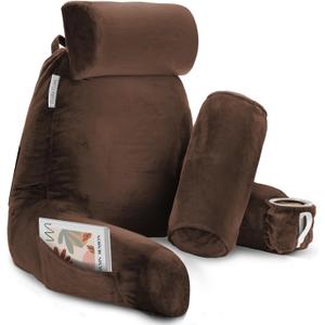 Clara Clark Reading Pillow with Shredded Memory Foam Includes 2 Neck and Lumber Support Pillows, Designed for Sitting Up in Bed and Couch, Back and Arms Adjustable Support for Adults, Chocolate Brown XL