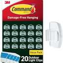 Command Outdoor Light Clips, 20 Clear Clips and 24 Command Strips, Damage Free Hanging Outdoor Light Clips with Weather Resistant Strips, Wall Clips for Hanging Outdoor Lights and Cable Management