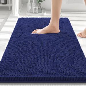 Smiry Luxury Chenille Bathroom Rugs 30x20, Extra Soft and Absorbent Shaggy Bath Mat, Machine Washable, Non-Slip Plush Carpet Runner for Tub, Shower, and Floor, Home Decor Accessories, Deep Blue