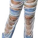 NRTHYE Womens High Waist Ripped Jeans Sexy Pearl Chains Rhinestones Straight Leg Stretch Distressed Denim Pants (Medium, 00light Blue)