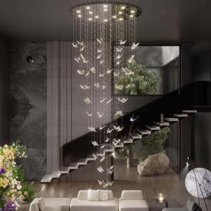 ykolupty High Ceiling Chandelier Modern Crystal Chandeliers Lighting Raindrop Large Chandelier for Staircase Foyer Entryway Living Room Dimmable 3000-6000K