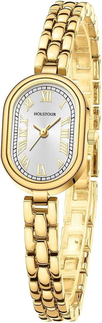 HOLSTOUR Gold Sliver Watches for Women, Vintage Oval Small Face | 30M Waterproof, Elegant Dress Quartz, Roman Numerals, Shiny Jewelry Clasp Bracelet