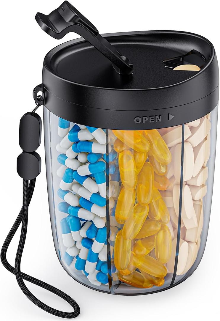 2 x AUVON Large Pill Organizer, Pill Dispenser for Holding 6 Various Vitamins, Pill Box Case with Anti-Mixing & Wide Opening Design, Easy to Retrieve Meds, Includes 20 Pcs Stick-on Labels (Black)