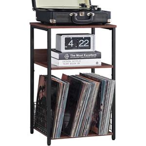 LELELINKY 3 Tier End Table,Record Player Stand with Storage Up to 100 Albums,Turntable Stand for Vinyl,Brown Records Shelf for Living Room Bedroom, Medium, Walnut