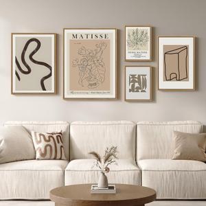 Large Framed Matisse Neutral Wall Art Set of 5, Abstract Beige Modern Minimalist Geometric Floral Canvas Prints for Living Room Bedroom Hallway Home Office