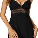 LYANER Women's Lingerie Sexy Lace Trim Sides Slit Spaghetti Straps Nightgown Babydoll Chemise Nightwear (M)