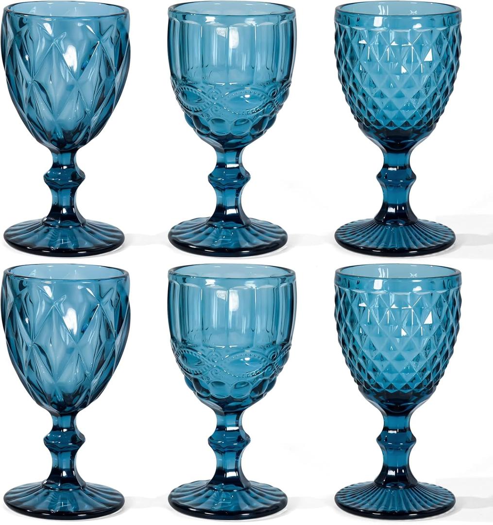 Vintage Wine Glasses Set of 6, 12 OZ Colored Glass Water Goblets, Embossed Floral Decorative Crystal Glass Cups Set, Dishwasher Safe, for Wedding, Party, Red Wine Glass, Bars, Restaurants