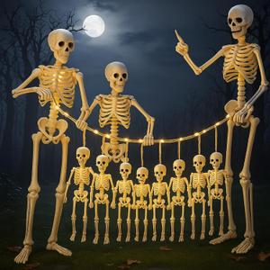 11 Pcs Halloween Skeleton Decorations Realistic Full Body Movable Joints Halloween Plastic Skeleton for Cemetery, Yard, Indoor and Outdoor Party Decoration