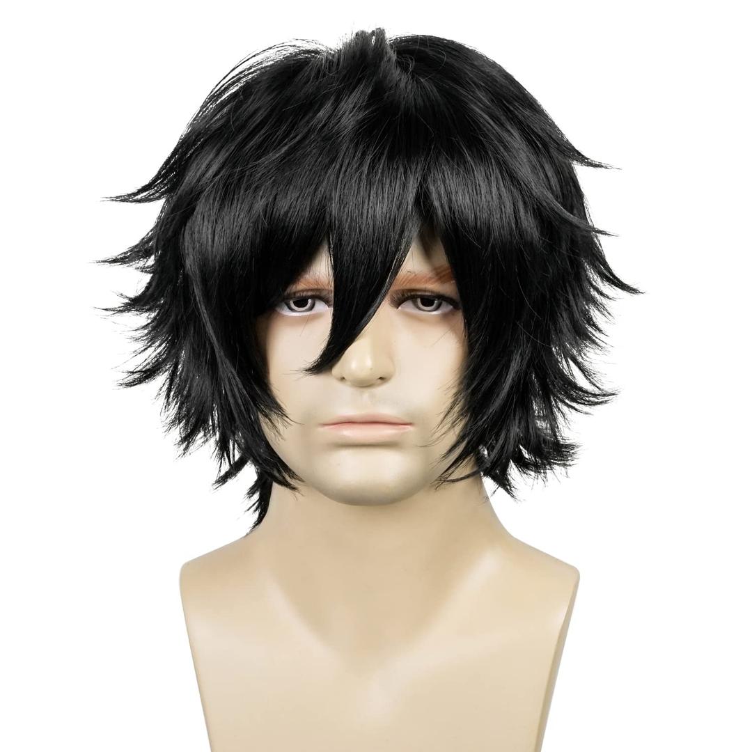 LABEAUT Short Black Anime Cosplay Wig Male Men Anime Layered Unisex Heat Resistant Hair Wig with Bangs for Party and Halloween for Gift + Free Cap