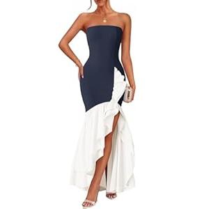 ZESICA Women's 2025 Summer Strapless Bodycon Maxi Dress Ribbed Sexy High Split Mermaid Prom Party Dresses, Navy, Medium