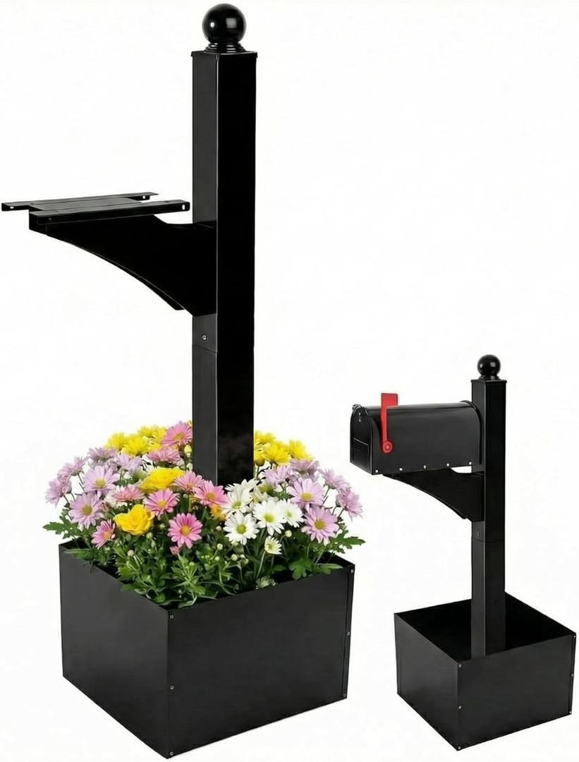 Colingmill 1 Set Iron Mailbox Posts with Planter Box for Outside 56 Inch / 4.6 ft Tall Decorative Mount with Flower Box Heavy Duty Architectural Post(Black)