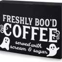 Freshly Booed Coffee Sign, Halloween Coffee Bar Decor Ghost Wooden Decorative Gothic Coffee Sign for Halloween Party Home Kitchen Table Shelf