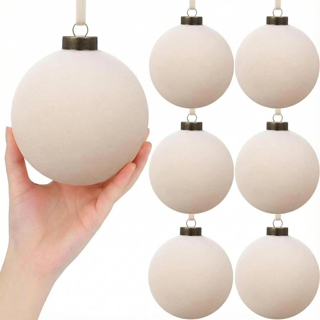 6 Pcs Christmas Velvet Balls 4 Inch Large Cream White Flocked Christmas Hanging Ornaments Decor Shatterproof Luxury Handmade Velvet Balls Xmas Tree Ornaments Bulbs for Wedding Anniversary Party (Beige)