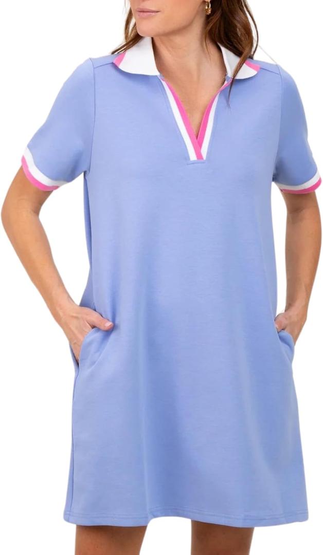 Polo Mini Dress for Women Casual V Neck Short Sleeves Tennis Dress Contrast Trim Shirt Dress with Pockets Small