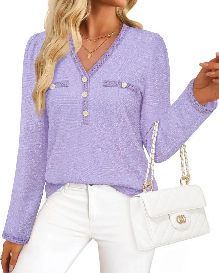 Triratna Elegant Tops for Women: V Neck Decor Gold Button Tweed Tops - Long Sleeve Shirts for Women Fall - Womens Blouses Dressy Casual Holiday Party Winter Christmas Shirts Classy Light Purple L (Purple, L)