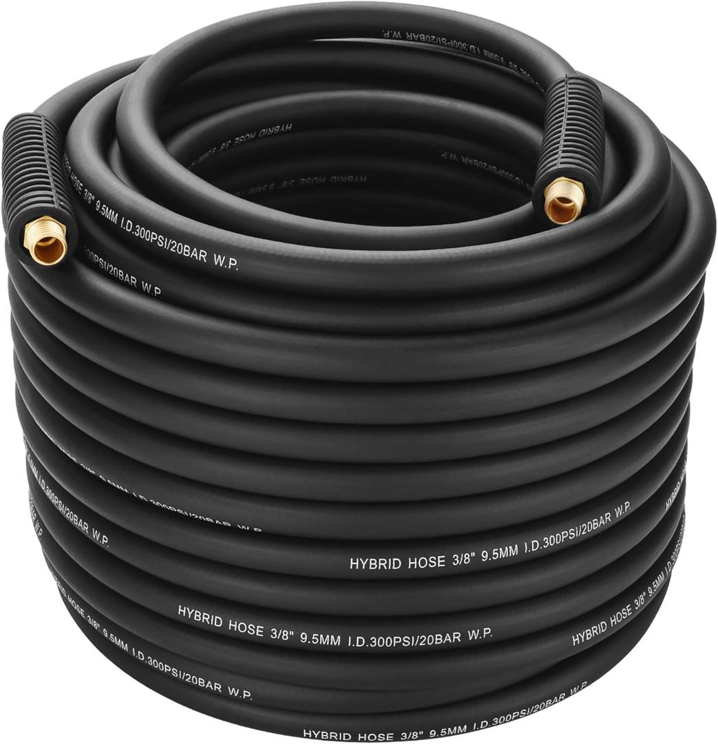 3/8" Hybrid Air Hose,100FT Air Compressor Hose,1/4"MNPT Fittings,Heavy Duty,Non-Kinking, Lightweight, Flexible In Extreme Cold Weather, Excellent UV, Oil and Abrasion Resistant,300 PSI