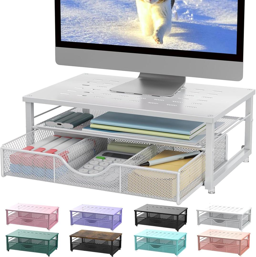 gianotter Computer Monitor Stand Riser, office organizer with Drawer, Office Organizers Storage for Classroom Office Supplies (White)