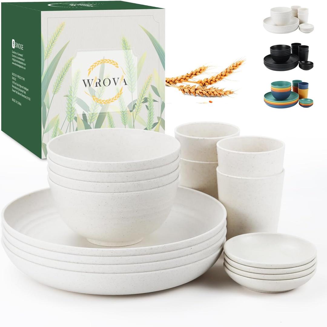 Wrova Wheat straw bowl and plate sets of 16 with cups - Unbreakable plastic dinnerware sets for kitchen - Microwave and Dishwasher safe dishes for kitchen,camping,indoors and out doors. White Wrova Wheat straw bowl and plate sets of 16 with cups - Unbreakable plastic dinnerware sets for kitchen - Microwave and Dishwasher safe dishes for kitchen,camping,indoors and out doors. White