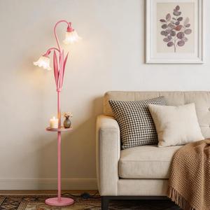 Pink Flower Floor Lamp with Table, Adjustable Floral Standing Lamp for Girl