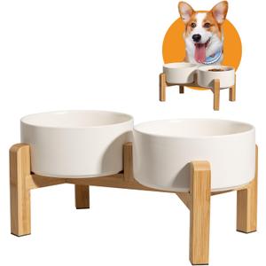 Elevated Ceramic Dog Bowl Set - Raised Dog Bowls with Non-Slip Bamboo Stand - Dog Food and Water Bowl Set - Double Dog Feeding Bowls - Suitable for Small and Medium Dogs - 28.74 OZ - 3.6 CUPS - 850 ML (White)