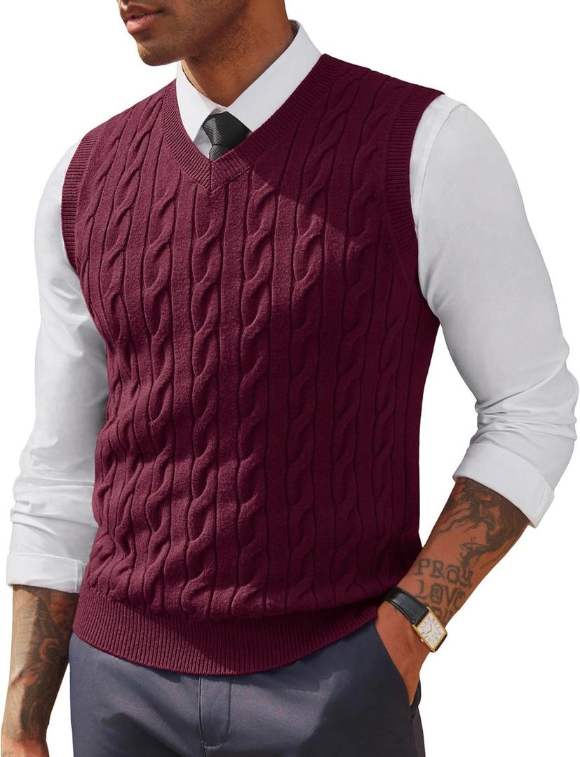 PJ PAUL JONES Men's Sweater Vests V Neck Cable Twist Knit Sleeveless Vests Casual Pullover Sweater (Large, Wine Red)