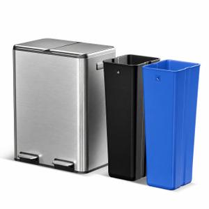 Home Zone Living 16 Gallon Kitchen Trash Can with Dual Compartments
Stainless Steel with Odor Control, Soft-Close Step Pedal Lids for Recycling, Silver