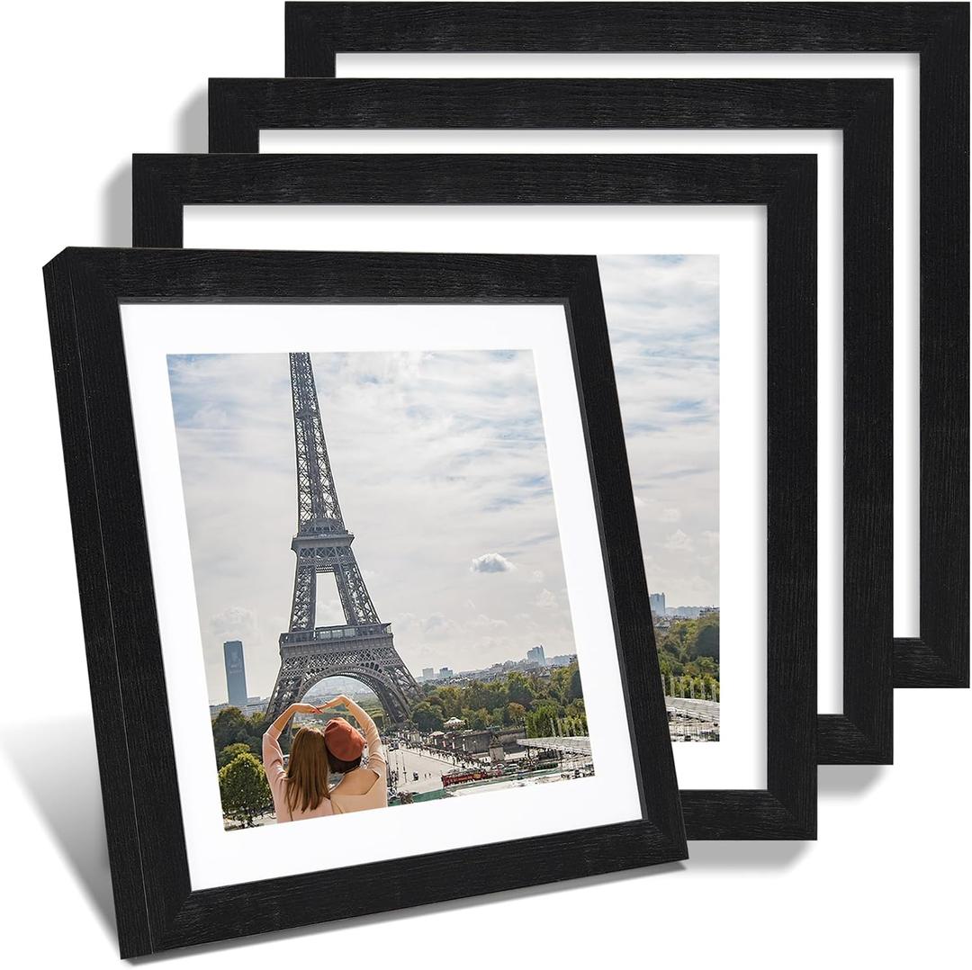 Hongkee 12x12 Picture Frame Set of 4 - Made of Glass and Rustic Black Wooden Frame, Display Square Pictures 10x10 with Mat or 12 x 12 without Mat, Desktop & Wall Collage Photo Frame, 12x12 in