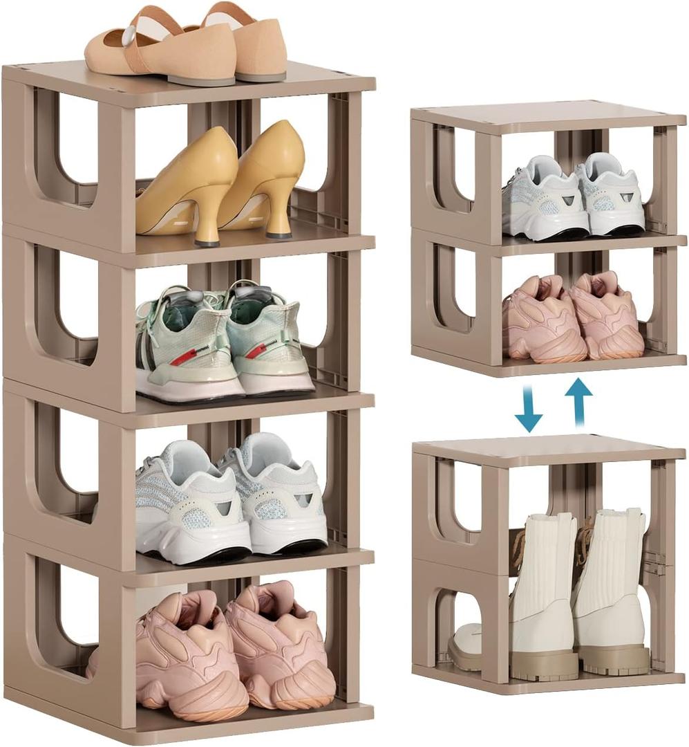 Narrow Shoe Rack - 5 Tiers Stackable Shoe Storage Stand for Entryway Hallway and Closet Durable Shoe Shelf Space Saving Boots Storage and Organization Stylish Small Shoe Cabinet No-Tool Assembly Khaki