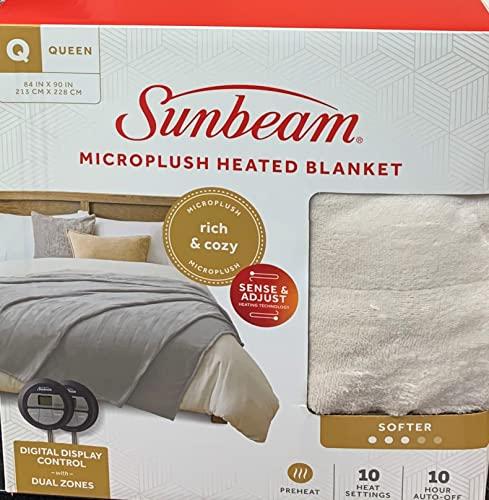 Sunbeam Microplush Queen Electric Heated Blanket with Preheat Feature Two Digital Controller 10-Heat Settings Auto Shut-Off, UL Certified for Safety, Ivory Beige
