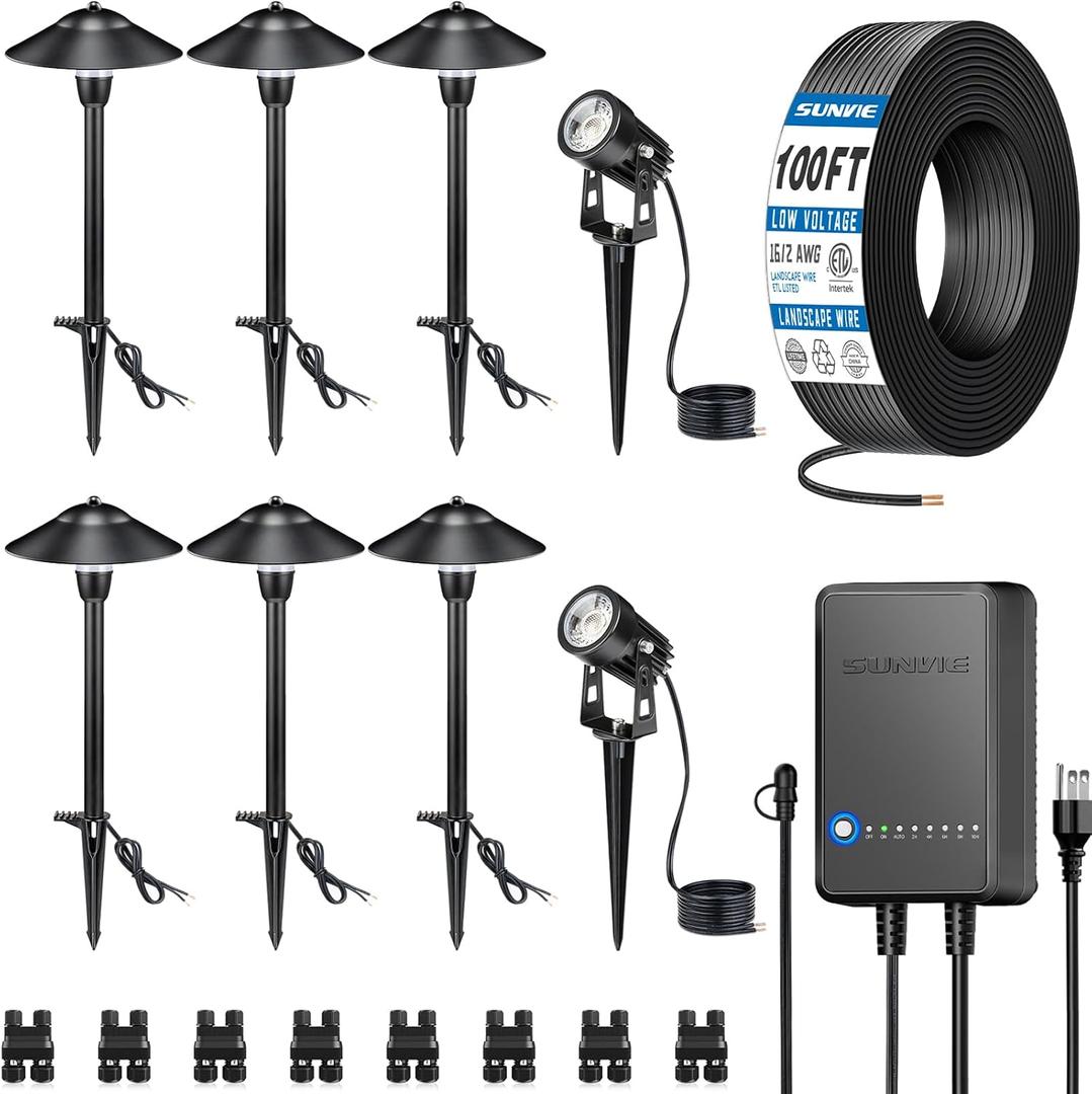 SUNVIE All-in-One LED Low Voltage Landscape Lighting Kit 6 Pathway Lights 2 Spotlights with 60W Photocell Transformer 100FT Wire for Path&Garden, Aluminum, ETL Listed, Dusk to Dawn, Waterproof, 3000K