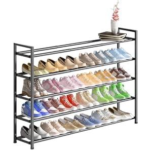 Bumusty 5-Tier Long Expandable Shoe Rack for Closet, 18"-44" Adjustable Shoe Rack for Entryway, 25-30 Pairs Large Shoe Organizer Shelf Storage, Sturdy Metal, Grey