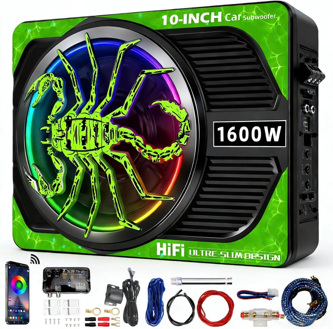 2026 Upgraded 10" 1600W Slim Under Seat Car Subwoofer with Built-in Amp & LED Ambient Lights - Low Profile Bass Sub for Car Audio Individual Controls (LPF/Gain/Bass Boost) High Output Distortion-Free (Green-03-001, Green)