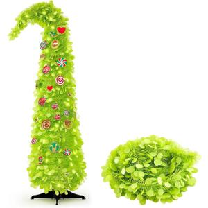 Syhood Whimsical Christmas Tree 5ft Bendable Pop up Collapsible 1 Minute Christmas Tree with 36 Wooden Ornaments for Indoor Outdoor Home Office Holiday Xmas Party Decor Supply