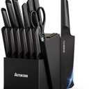 Astercook Knife Set, 15 Pieces Kitchen Knife Sets with Block and Built-in Knife Sharpener, German Stainless Steel Handle One-Piece Design Knives Block Set Dishwasher Safe, Black