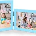 Vertical Horizontal Combo, Double 5x7 Soft-Blue Wood Foldable Picture Frame, Opening 4.5x6.5, Desktop or Wall Mounted, Portrait and Landscape View