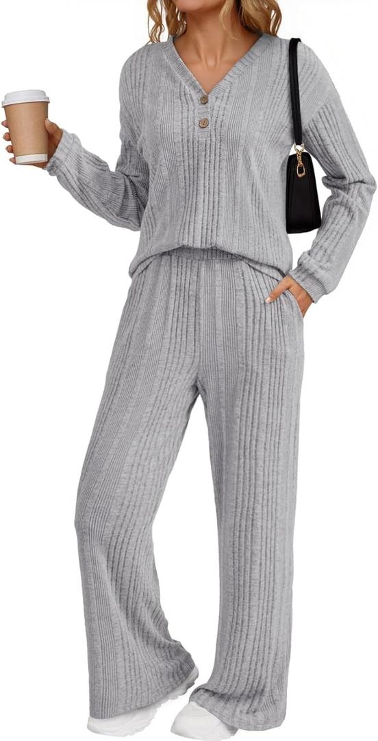 Dokotoo 2 Piece Lounge Sets for Women Ribbed Knit Button V Neck Long Sleeve Tops Matching Pants Pajamas Set 2025 Fall Outfits (X-Large, Grey)