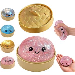 Dumpling Squishy, New Mystery Glitter Dumpling Squishies with Steamer, Sensory Squeeze Toy for Stress Relief, Soft Decompression Dough for Adults Office and Home Use (Pink)