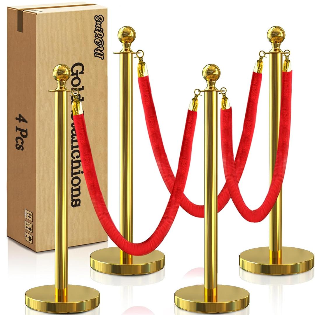 4 Pcs Gold Stanchions with Velvet Ropes with 3 Pcs 5 Ft Red Velvet Ropes Carpet Ropes Posts Stanchion Set for Crowd Control Barriers for Weddings, Events, Hotels, and Party Decor