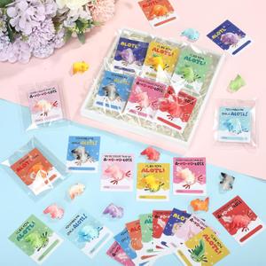 RattanView 27 Packs Axolotl Valentines with Gift Card Mini Resin Animal Miniature Figure for Axolotl Party Favors Exchange Gifts Decoration Coworker Friend(Solid Color)