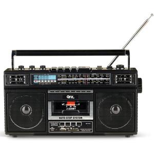 QFX J220BT Boombox MP3 Conversion from Radio to Cassette with 4Band (AM, FM, SW1, SW2) Radio with Bluetooth, Rechargeable Battery, Dual 3” Speakers, Builtin Microphone, Recorder, 3Band Equalizer