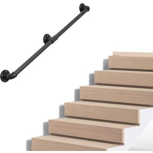 Industrial Pipe Stair Handrail, Wall-Mounted Metal Hand Rail for Indoor & Outdoor Steps, Black Galvanized Iron, Vintage Farmhouse Style, Heavy Duty Support for Stairs & Porch (Black, 4ft)