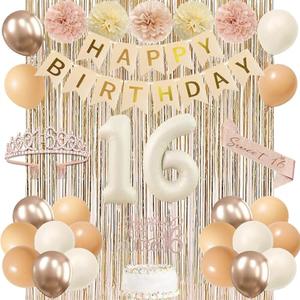 Trgowaul Champagne Gold Beige Sweet 16th Birthday Decorations for Girls, Banner, 16th Sash and Crown, Cake Topper, 16 Number Balloon, Paper Pom Poms, Fringe Curtains, Boho Birthday Party Supplies