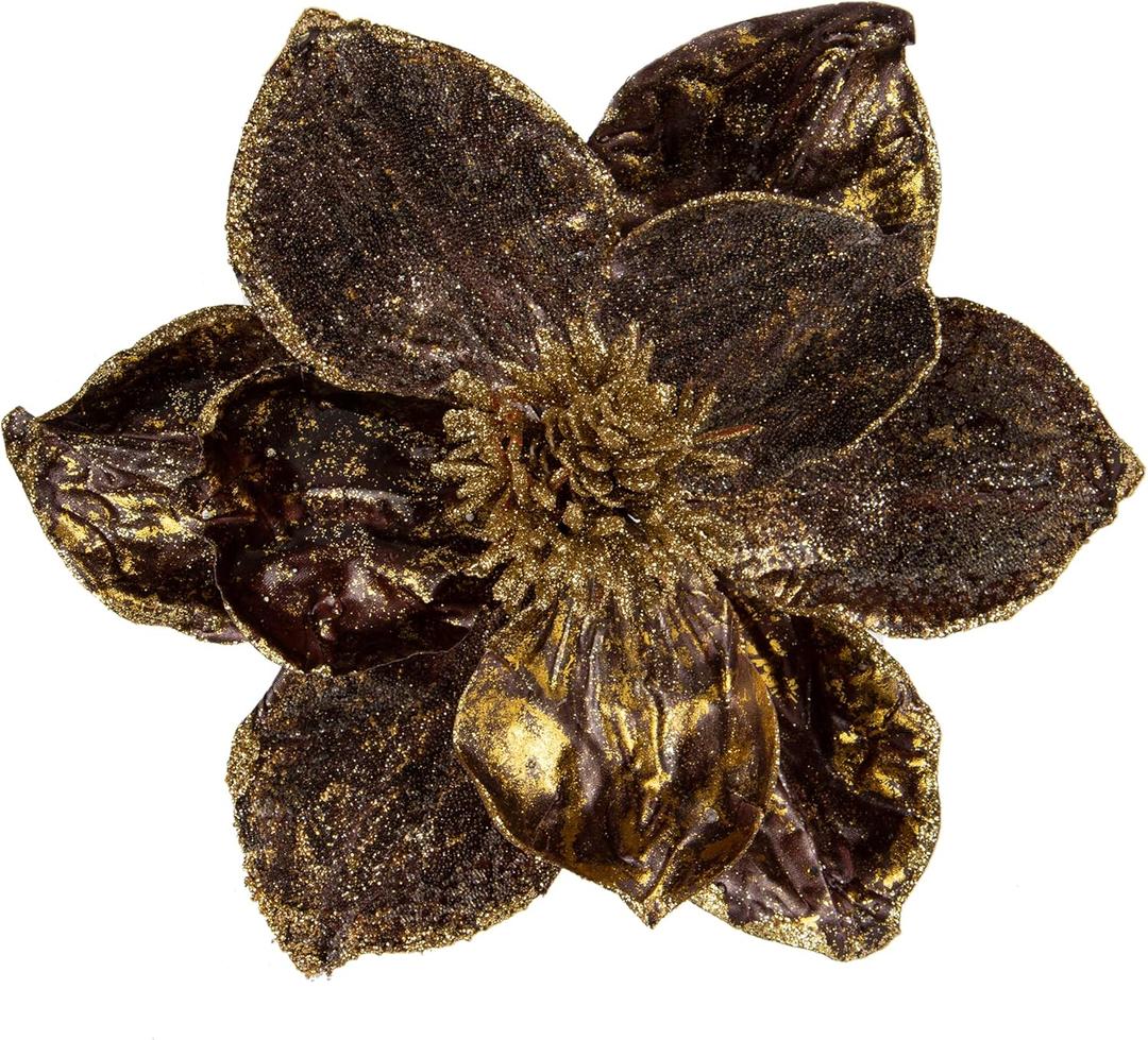 Briful 10 Large Heads Christmas Glitter Magnolia Flowers Christmas Tree Ornaments Set of 3 Artificial Flowers with Picks Stems for Xmas Tree Holiday Decorations, Chocolate Gold