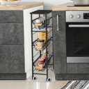 Shinoske Slim Storage Cart, 4-Tier Narrow Rolling Cartwith Pull-Out Iron Basket, Sturdy Slim Storage Cabinet Iron and Wood CombinationIdeal for Kitchen, Bathroom, and Laundry Room, Black