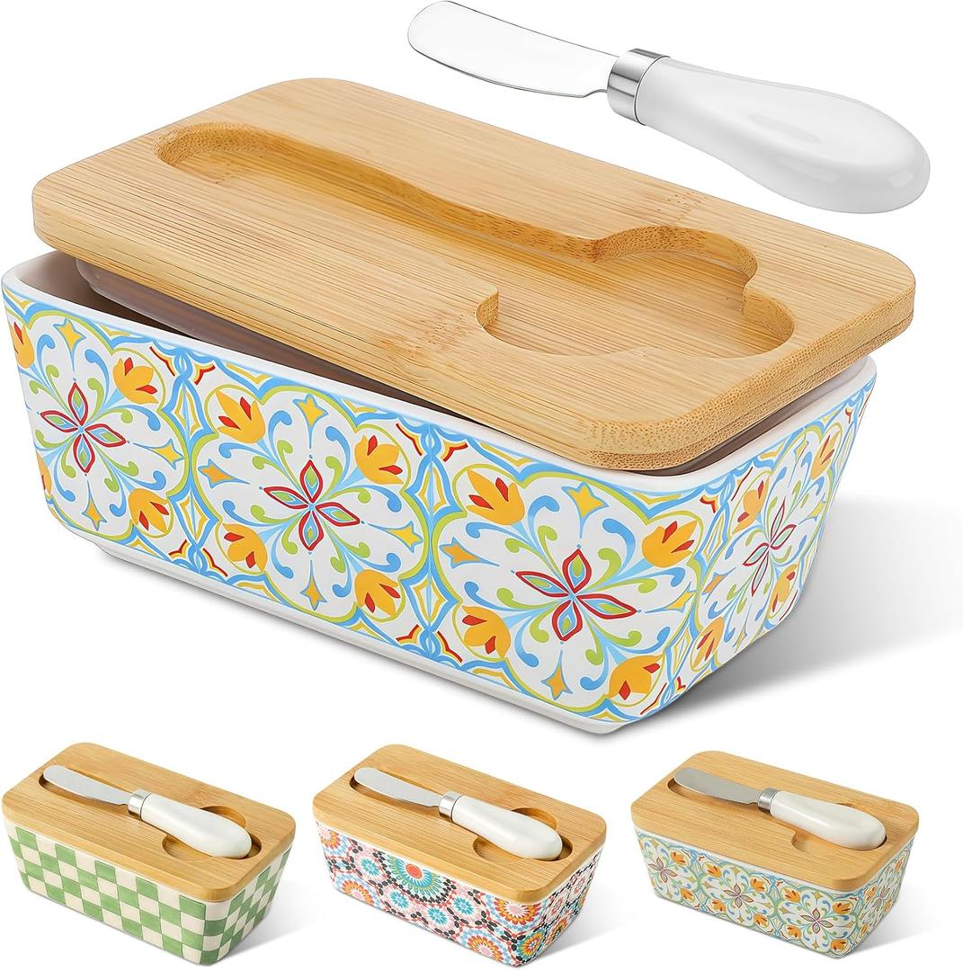 Butter Dish with Lid, Covered Butter Dish for Countertop & Fridge, Ceramic Butter Holder with Bamboo Lid & Butter Knife, Green Cute Butter Dish, Bohemian Kitchen Decor (Green-Standard Size)